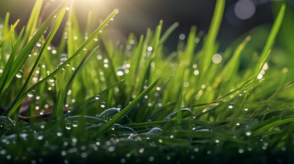 Fototapeta na wymiar Lush grass with dewdrops, sun rays in a serene meadow.
