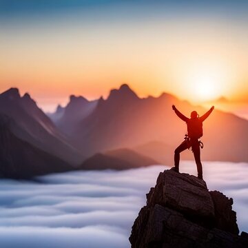Mountain climber celebrating success on top of a mountain created with generative AI