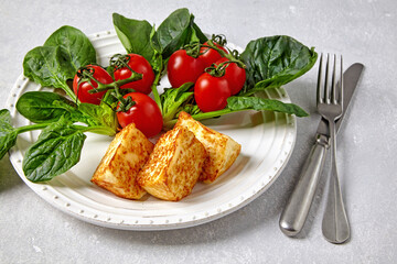 red cherry tomatoes on a branch, green spinach leaves and fried mozzarella curd cheese on a dark plate