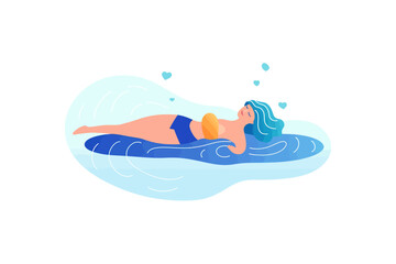 Happy calm woman floating lying on water surface. Vector illustration design.