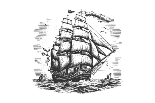 Pirate ship sailboat retro sketch hand drawn. Vector illustration design.