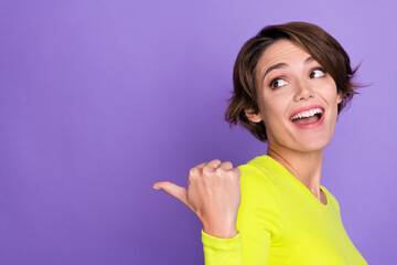 Profile cadre of funky girl laugh positive direct finger looking interested mockup premiere film...