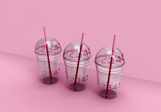 3d Three Transparent Smoothie Cup with Straw Mockup