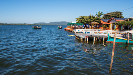 boats on the lake Lagoa da Conceicao in the city of Florianopolis Brazil