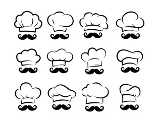 Set of chef and cook hats. Chefs toques, caps and hats. Restaurant logo