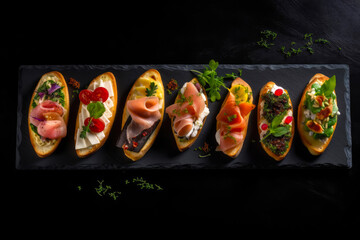 Set of bruschetta with salmon, prosciutto, mozzarella and basil on black background. Generative AI.