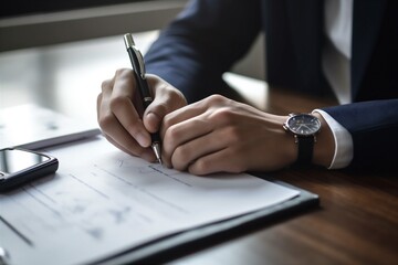 man business contract businessman group document paperwork lawyer hand signature office. Generative AI.