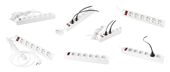 Collage with different power strip on white background, different sides