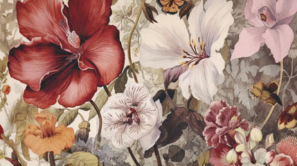 Vintage Botanical Flower Illustration with Detailed Floral Blooms and Plants Leaves - Aged Wallpaper or Background - Generative AI