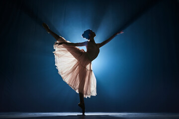 Theatrical performance. Beautiful, tender, graceful ballerina dancing against dark blue background...