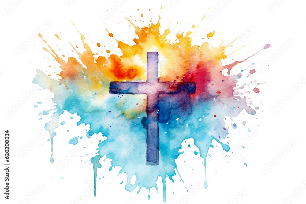 Wall mural christian cross against colorful watercolor splashes isolated on white background, religious symbol