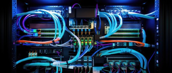 big database box cloud servers connection with colorful fiber optic cable internet in computer lab, Generative AI.