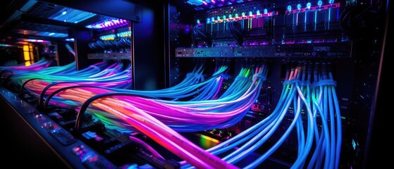 big database box cloud servers connection with colorful fiber optic cable internet in computer lab, Generative AI.