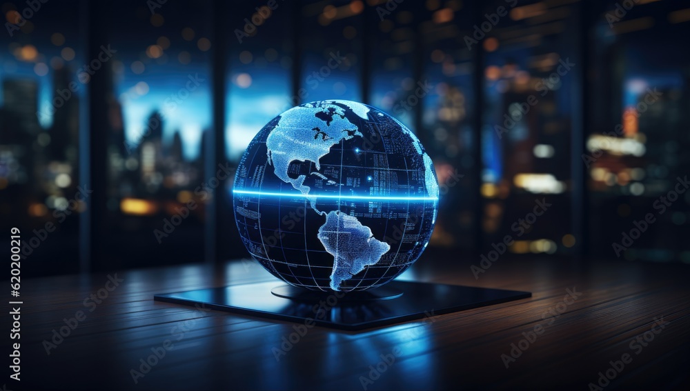 Wall mural globe with blue lights on the table generative ai