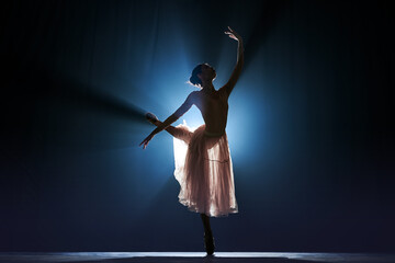 Elegant, tender, slim, talented girl, female ballet dancing dancing against dark blue background with spotlight