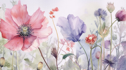 Botanical Flower Watercolor - Intricate and Delicate Floral Wallpaper or Background in Soft Pastel Hues - Light and Bright - Generative AI