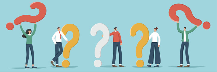 A set of illustrations of random people holding question marks. Concept questions and answers, FAQ, frequently asked questions, analysis of the consumer market and competitors. - obrazy, fototapety, plakaty