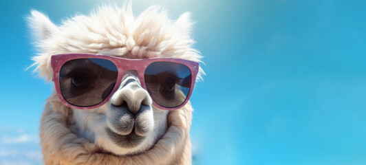 Funny animal summer holiday vacation photography banner - Closeup of alpaca with sunglasses, isolated onblue sky background (Generative Ai)