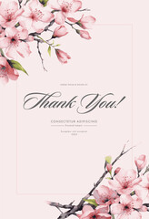 Fototapeta na wymiar Cherry blossom thank you card design template. Watercolor cherry blossom invitation.