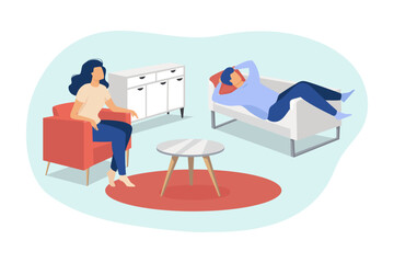 Different functions of furniture vector illustration. Happy man sleeping on sofa and woman sitting in armchair, couple organizing space in apartment. Interior design, renovation concept