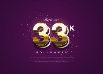 Fototapeta na wymiar 33k followers celebration purple background and gold glitter