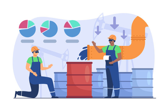 Reduced oil production at refinery vector illustration. Drawing of factory workers, crude oil production reduction for stable prices, tube and barrels, charts. Industry, energy, economy concept
