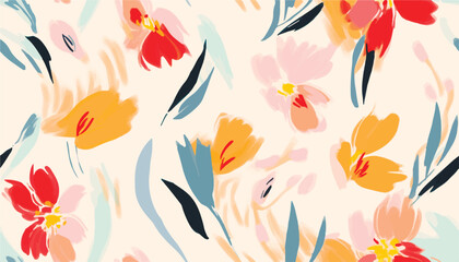 Fototapeta na wymiar Bright hand drawn blossom artistic flowers print. Modern botanical pattern. Fashionable template for design.