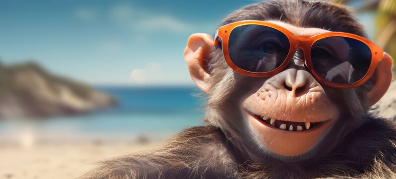 Funny animal summer holiday vacation photography banner background - Closeup of smiling laughing monkey with sunglasses, chilling relaxing at the tropical ocean beach (Generative Ai)