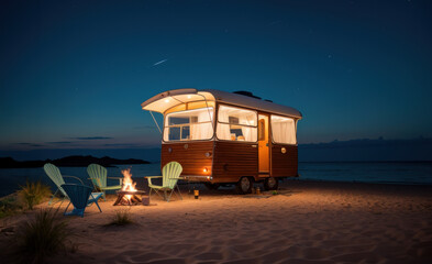 Vieille caravane sur la plage et feu de camp. Generative AI.