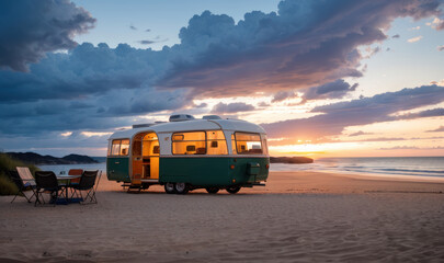 Vacances en caravane au coucher du soleil sur la plage. Generative AI. - obrazy, fototapety, plakaty