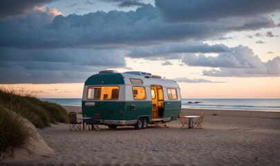 Caravane vintage sur la plage au coucher du soleil. Generative AI.