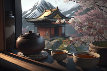Japanese tea ceremony with a view of the mountains, Generative AI 3 - obrazy, fototapety, plakaty