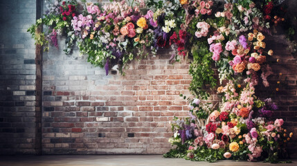Fototapeta na wymiar Lush Blooming Botanical Flowers Growing Against a White Washed Brick Wall - Floral Background or Wallpaper with Copy Space - Studio Photography Set Up - Generative AI