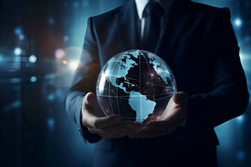 A businessman holds the earth globe in his hands, Generative AI 1