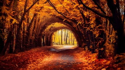 Autumn alley in the park with yellow leaves. Colorful autumn background