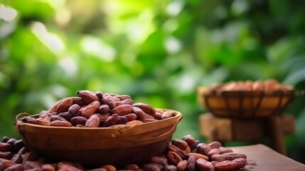 Cocoa beans in wooden bowl on blurred natural background with copy space.