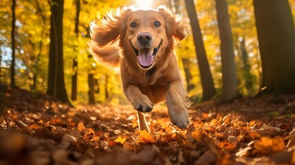 Dog, golden retriever jumping through autumn leaves in autumnal sunlight. Golden Retriever running...