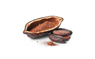 Halves of ripe cocoa pod with beans and powder on white background MADE OF AI