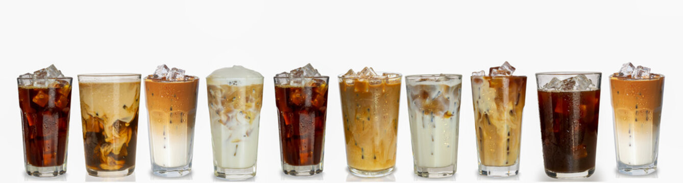 Set of ice caramel latte coffee and black amricano coffee cold isolated clipping path clean cut on white background.