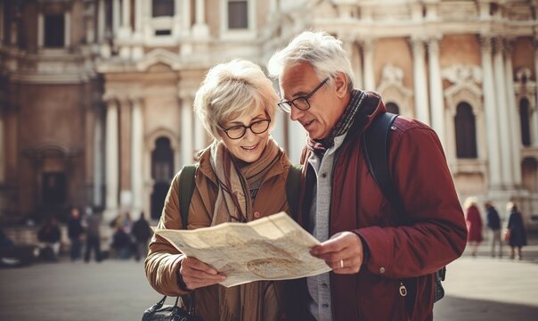 Senior Couple On Tour Looking At Map