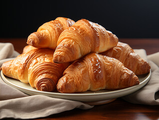Some croissants are served on the plate. Simply decorated. Restaurant background. Setting out for food photography.