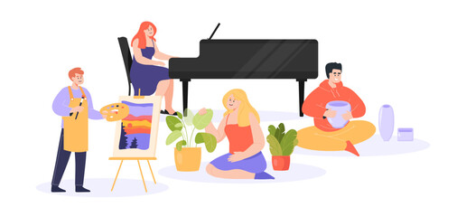 Happy people with creative hobbies vector illustration. Cartoon drawing of men and women playing piano, painting, gardening and making pottery. Art, hobby, creativity, education concept