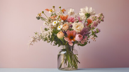 Floral Bouquet of Botanical Flowers Inside a Mason Jar - Beautiful Blooms, Petals, and Leaves - Against Pink Pastel Background with Copy Space - Generative AI