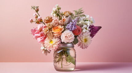 Floral Bouquet of Botanical Flowers Inside a Mason Jar - Beautiful Blooms, Petals, and Leaves - Against Pink Pastel Background with Copy Space - Generative AI