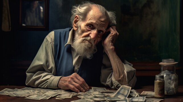 Concept: life and rest of pensioners. The unhappy old man sits at the table and counts his coins the last money. Poverty, unity. created by AI