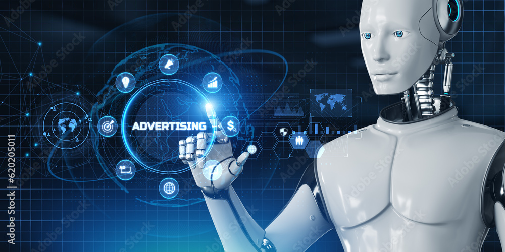 Aufkleber advertising marketing automation technology concept. 3d render robot pressing virtual button.