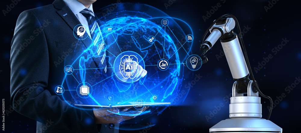Aufkleber ai artificial intelligence smart industry 4.0. cobot robotic arm 3d render.