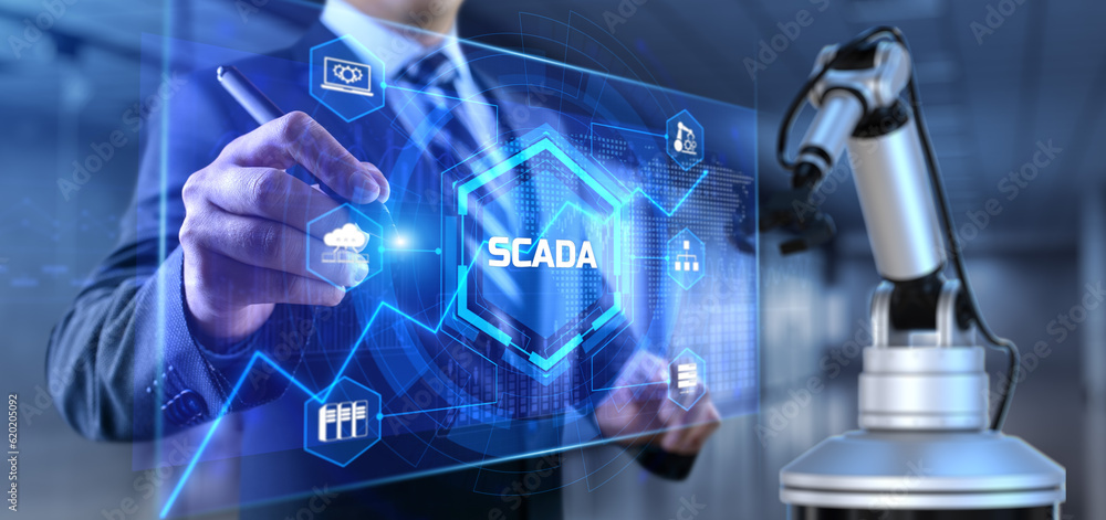 Poster scada supervisory control and data acquisition. business industrial technology concept. cobot 3d ren