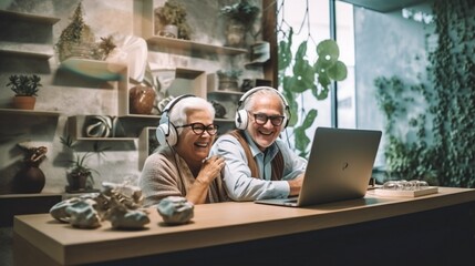 Concept: life and rest of pensioners. A happy elderly couple sit at home at a laptop computer and communicate via the Internet. created by AI