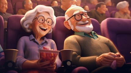Concept: life and rest of pensioners. Happy elderly couple are sitting in the cinema in the auditorium and watching a movie with popcorn, active old people. created by AI